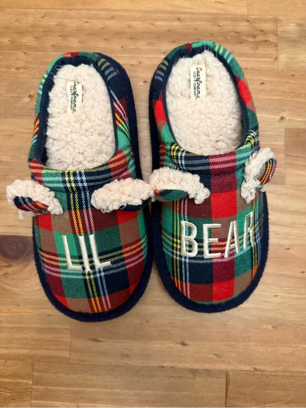dearfoams Kids Plaid 'Lil Bear' Slip-On Slippers in Red and Green size 2/3~ NWOT